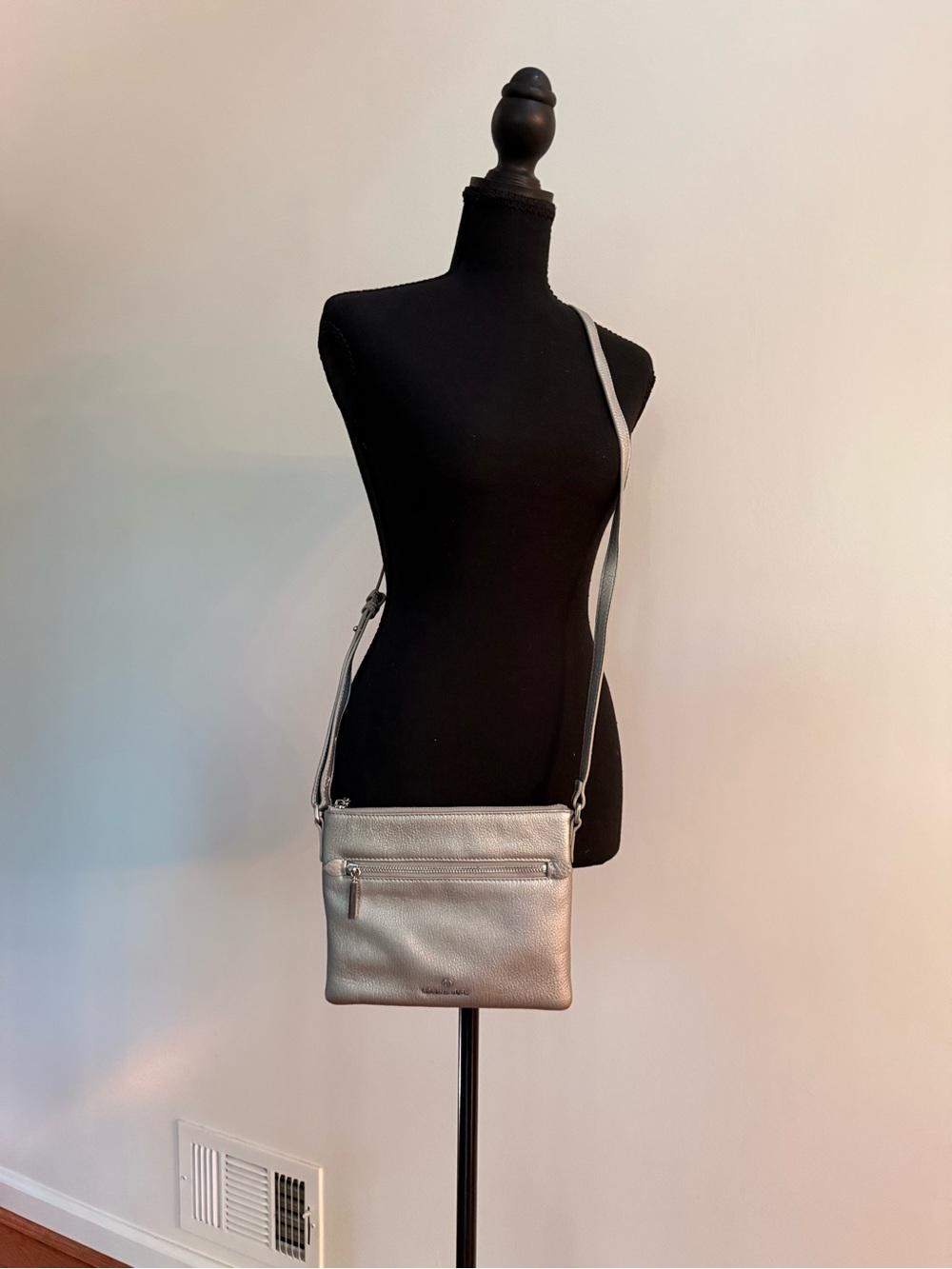 Celine Dion Metallic Silver leather Crossbody Bag with Front Zip Pocket